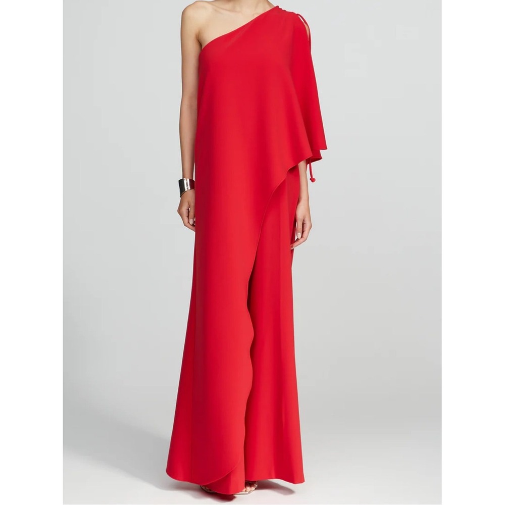 Halston Heritage Ignacia One Shoulder Cape Jumpsuit Red Crepe Wide Leg Sz 4